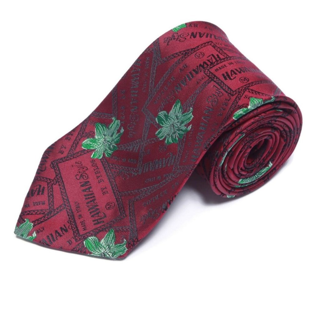 HAWAIIAN Style by BYBLOS Red Tropical Green Floral Hibuscus Men's Silk Neck Tie